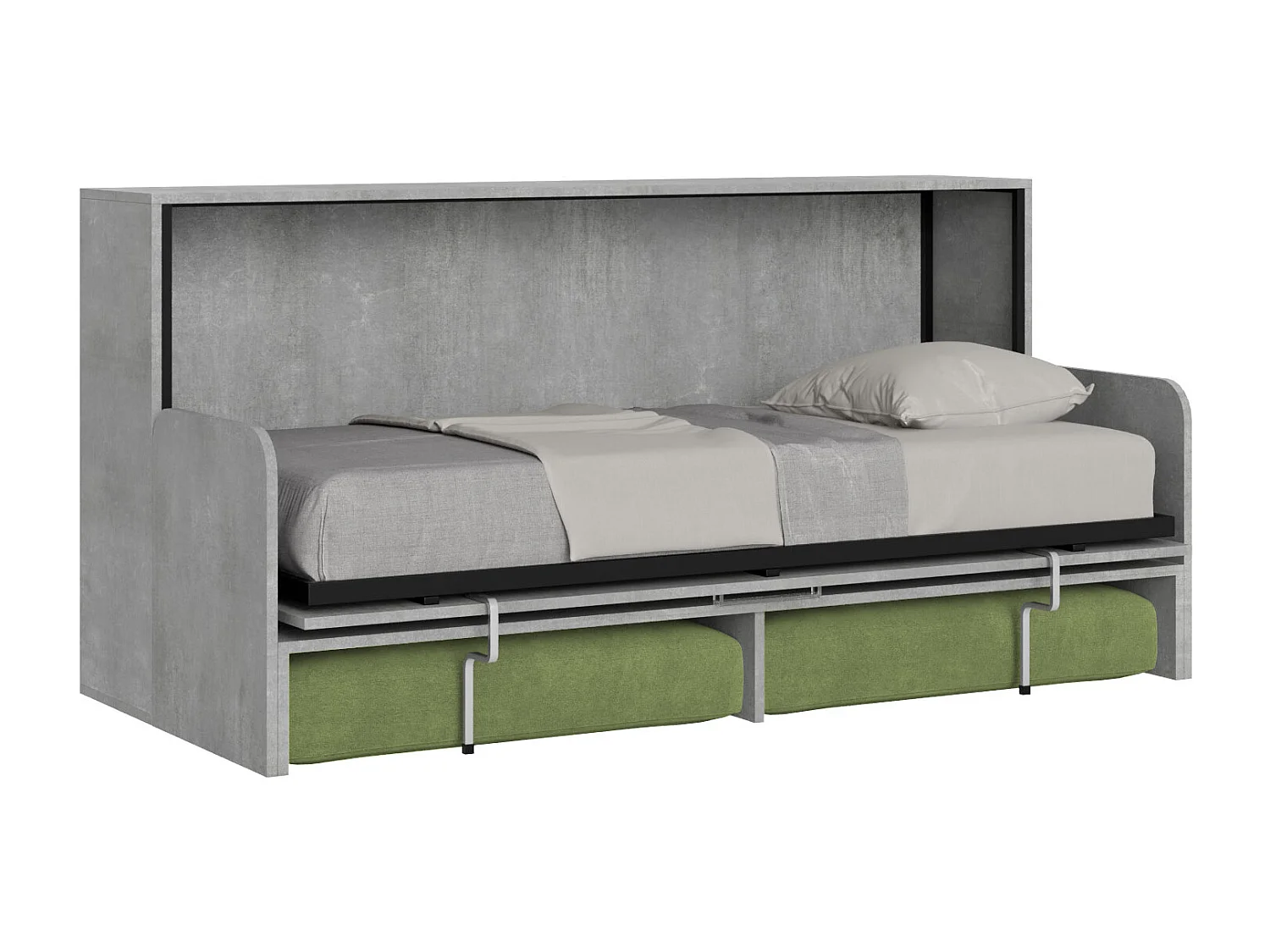 Letto singolo a scomparsa Kando con divano con materasso cemento, verde