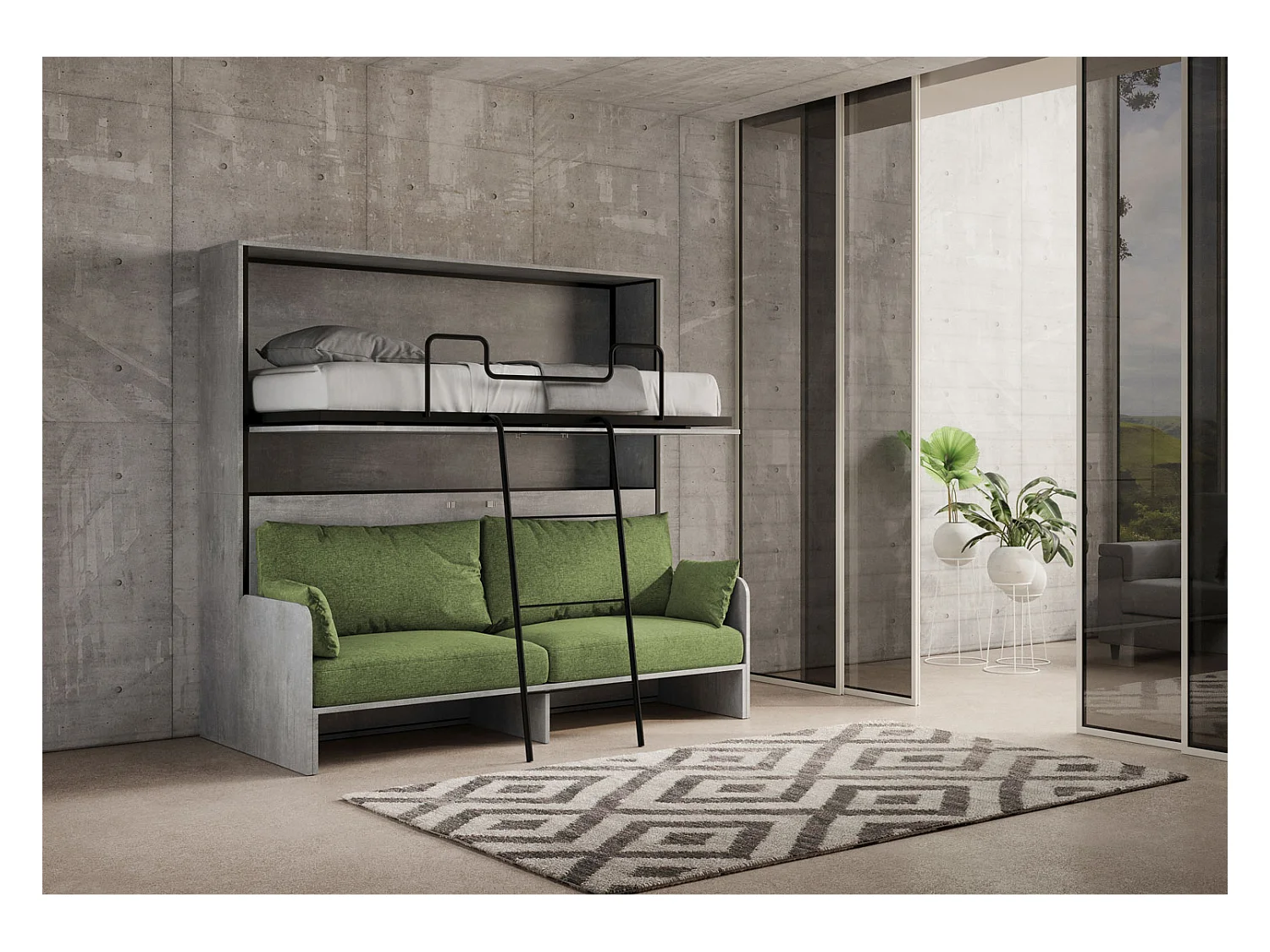 Kando Doppel-Schrankbett mit Sofa mit Zementmatratzen, grün