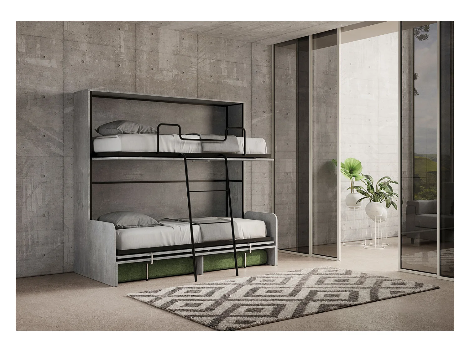 Kando Doppel-Schrankbett mit Sofa mit Zementmatratzen, grün