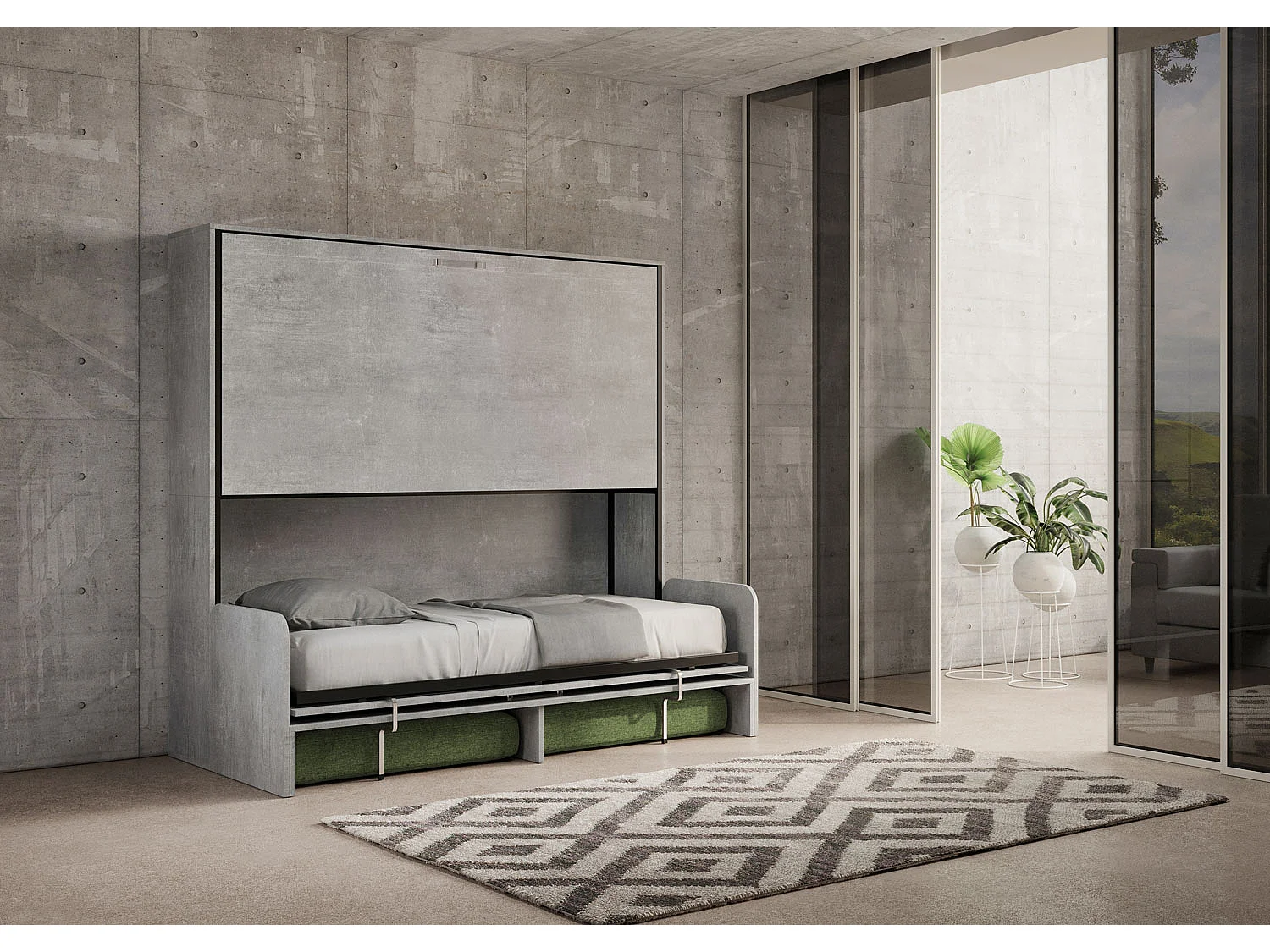Letto doppio a scomparsa Kando con divano con materassi cemento, verde