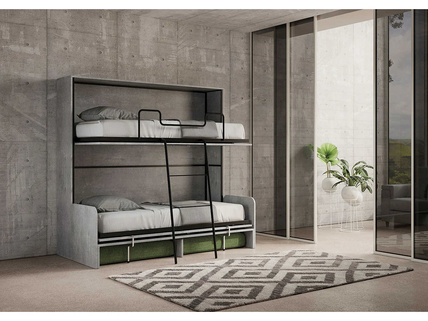 Letto doppio a scomparsa Kando con divano con materassi cemento, verde