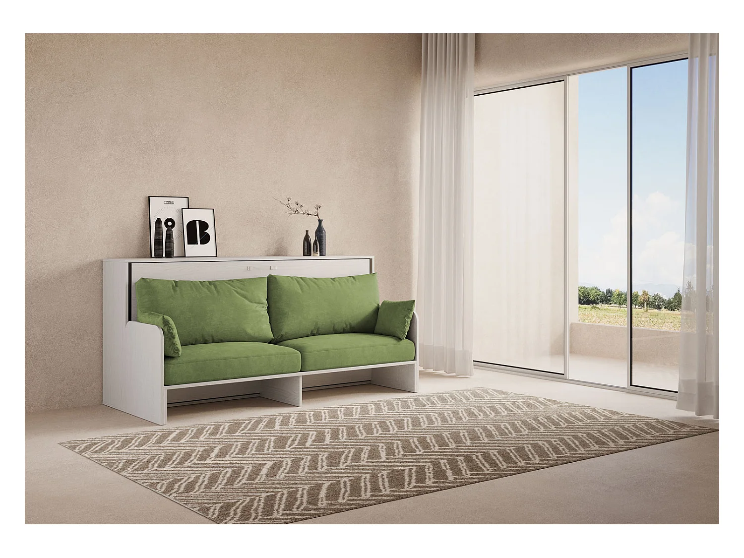 Kando Einzel-Schrankbett mit Sofa aus weißer Esche, grün