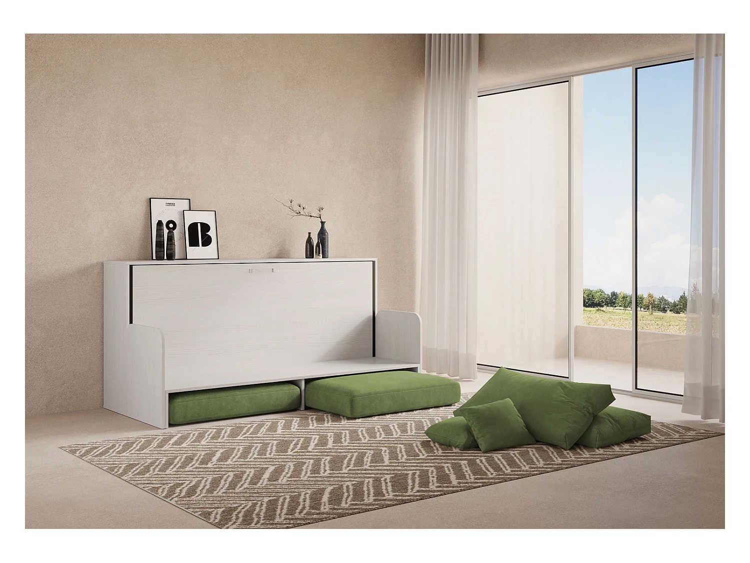 Kando Einzel-Schrankbett mit Sofa aus weißer Esche, grün