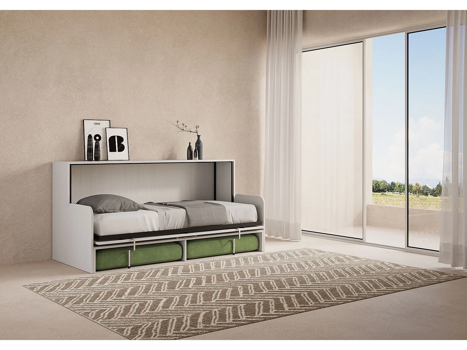 Letto singolo a scomparsa Kando con divano bianco frassino, verde