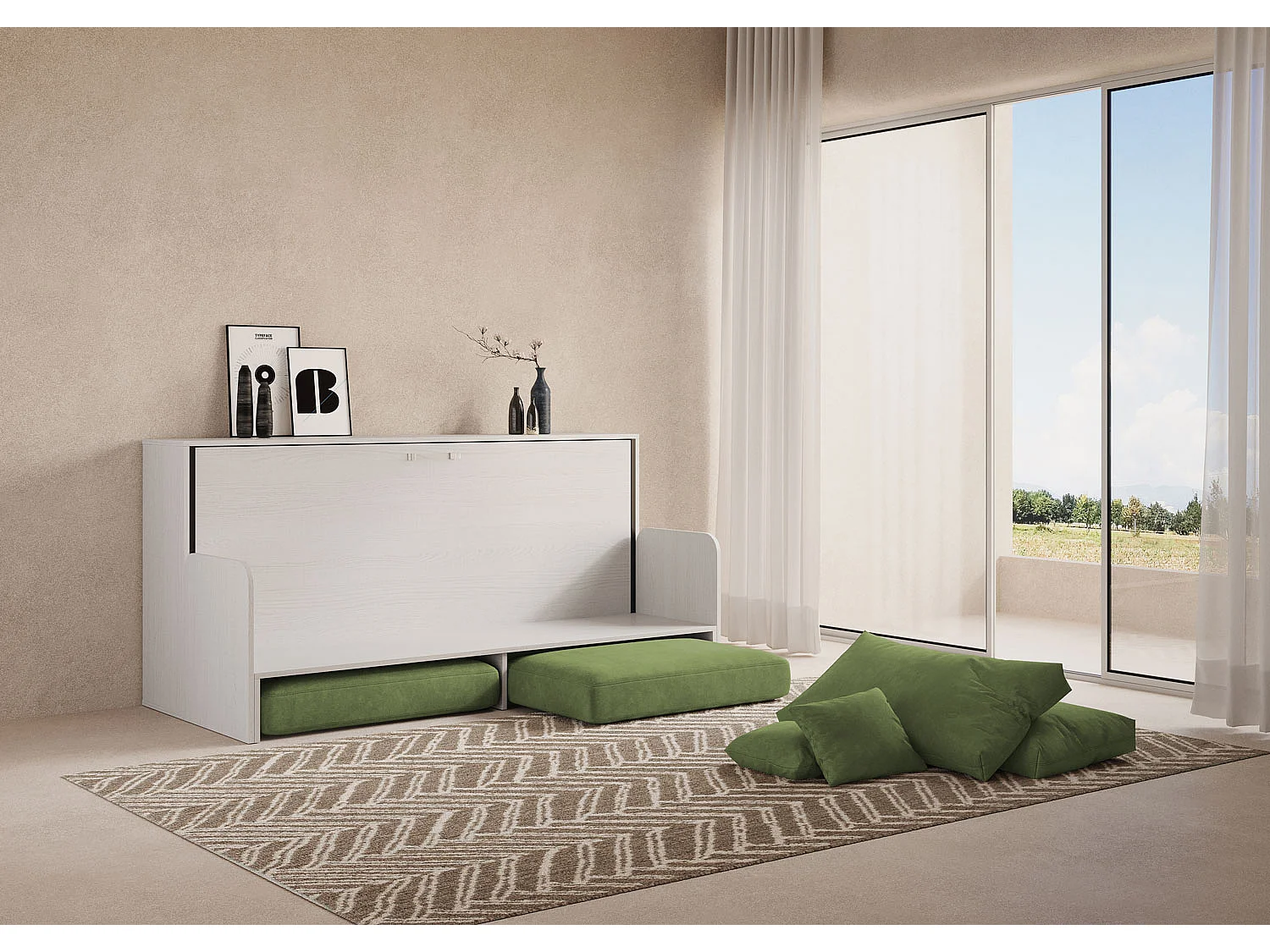 Letto singolo a scomparsa Kando con divano bianco frassino, verde