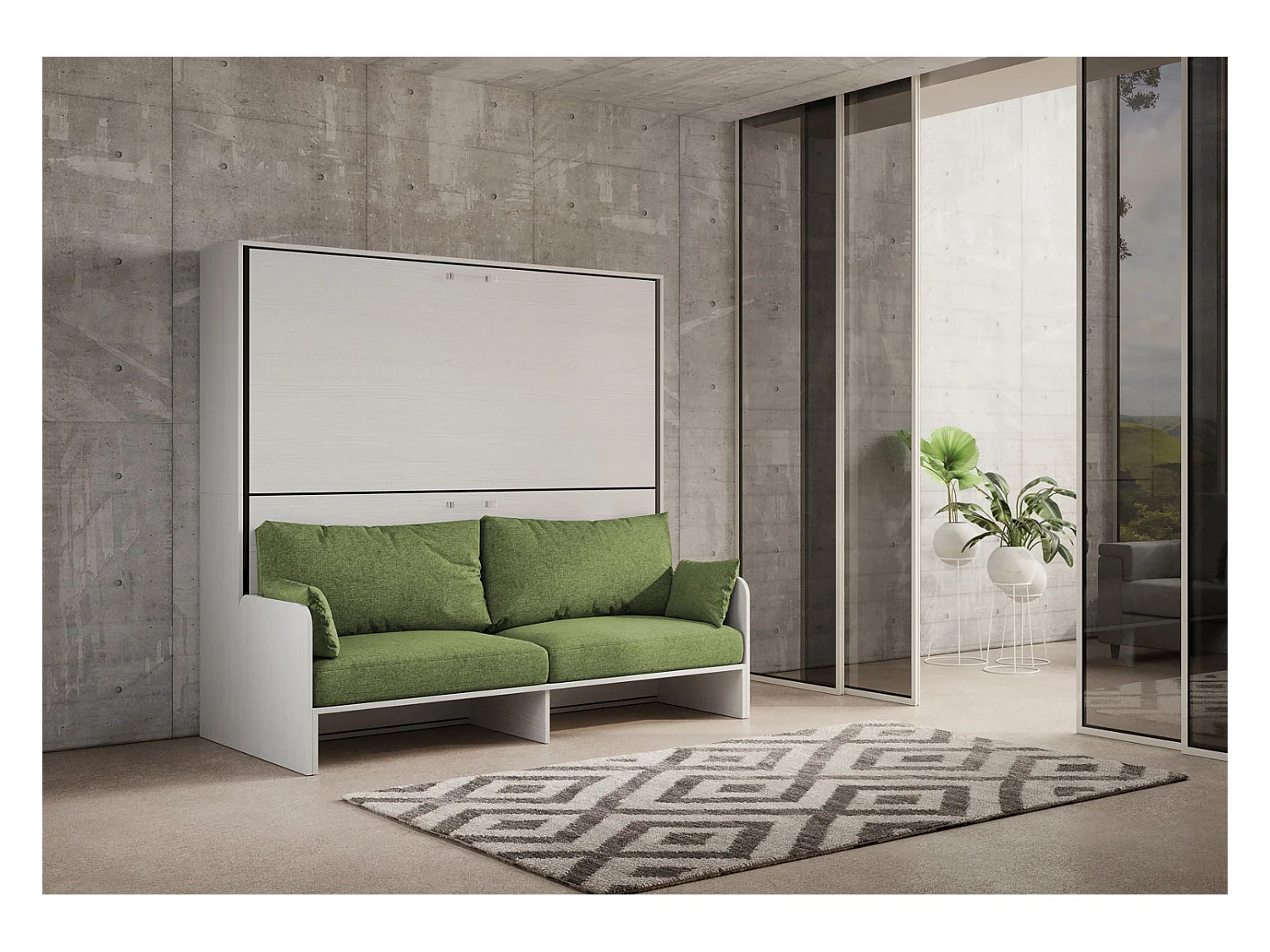 Kando Doppel-Schrankbett mit Sofa aus weißer Esche, grün