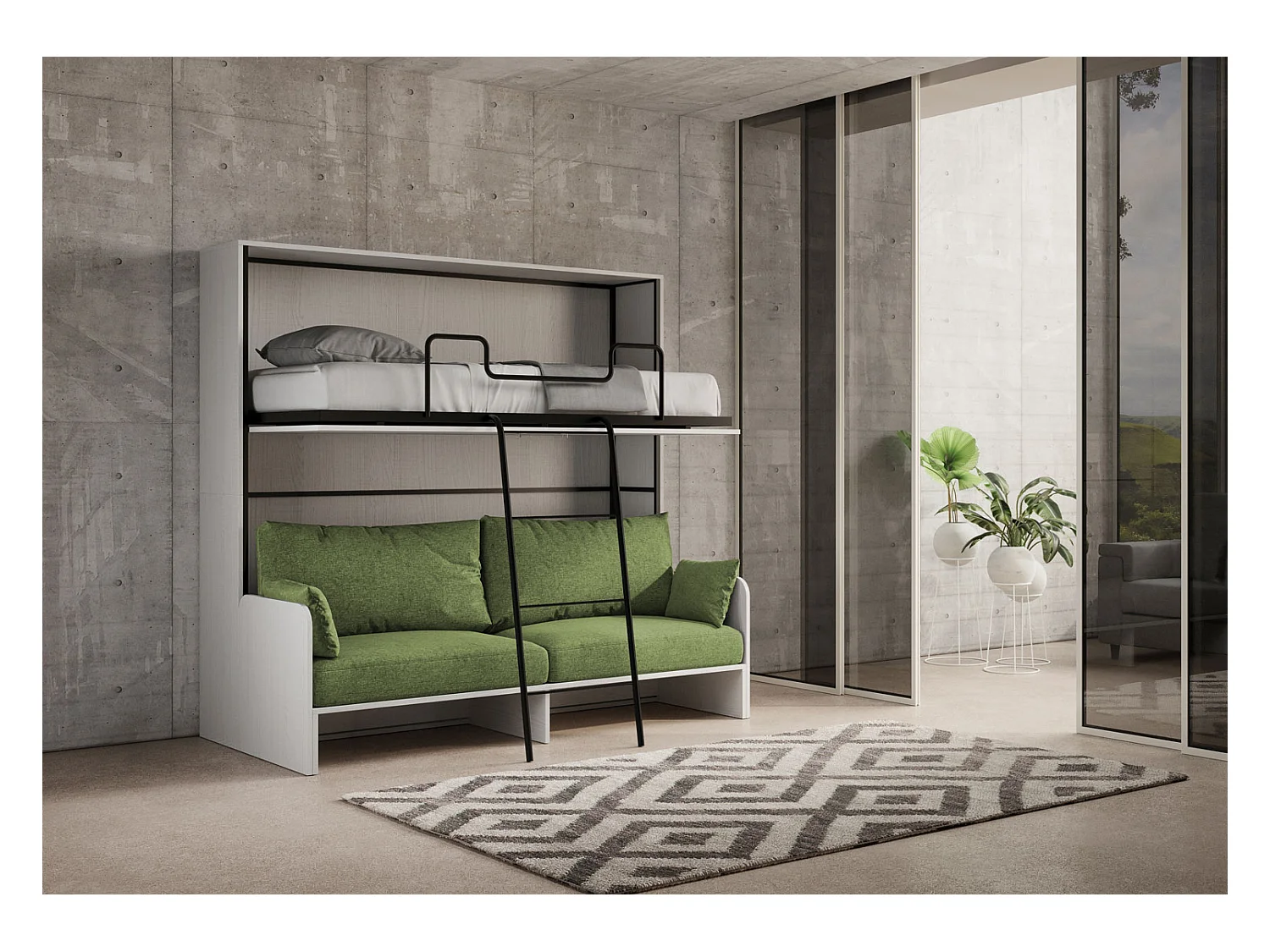 Kando Doppel-Schrankbett mit Sofa aus weißer Esche, grün