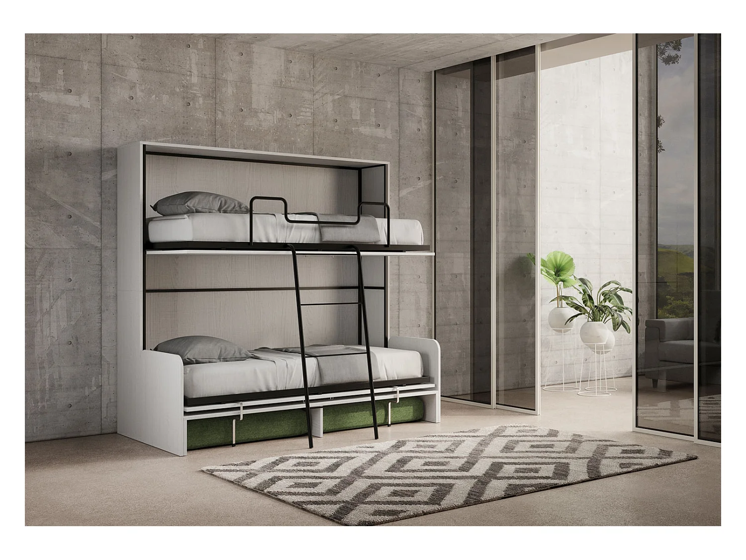 Kando Doppel-Schrankbett mit Sofa aus weißer Esche, grün