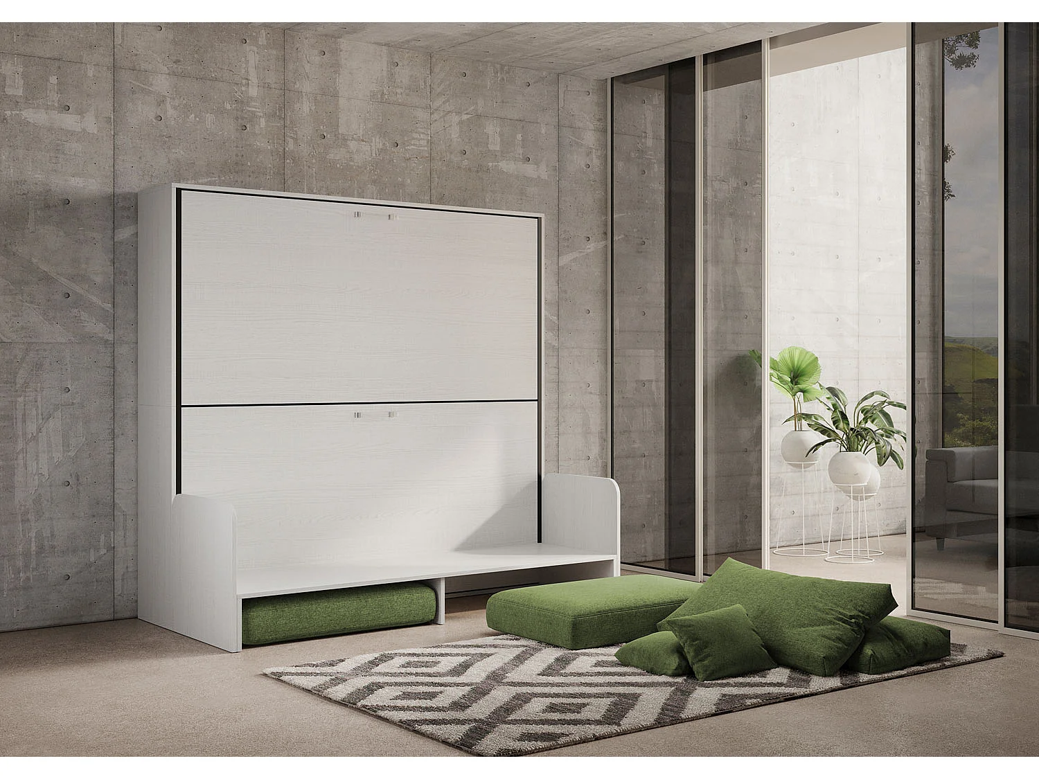 Letto doppio a scomparsa Kando con divano bianco frassino, verde