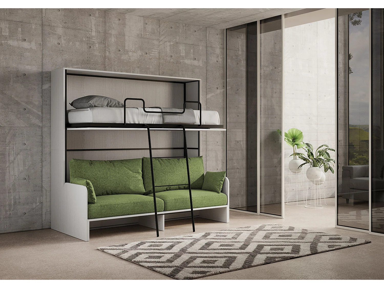 Letto doppio a scomparsa Kando con divano bianco frassino, verde