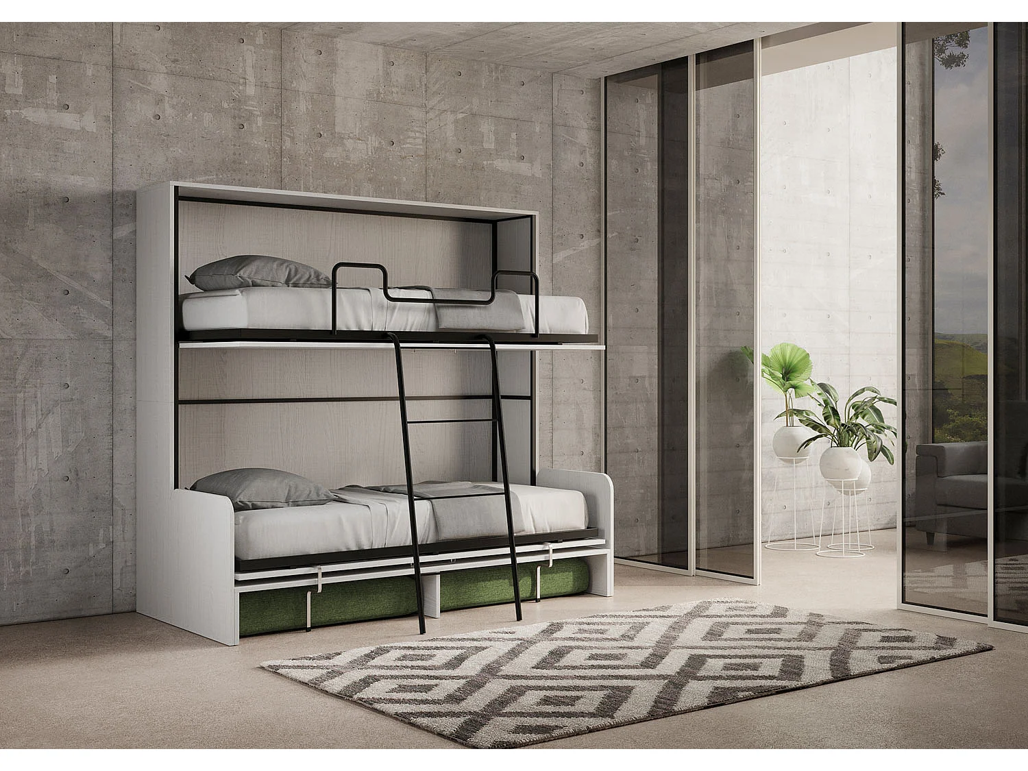 Letto doppio a scomparsa Kando con divano bianco frassino, verde