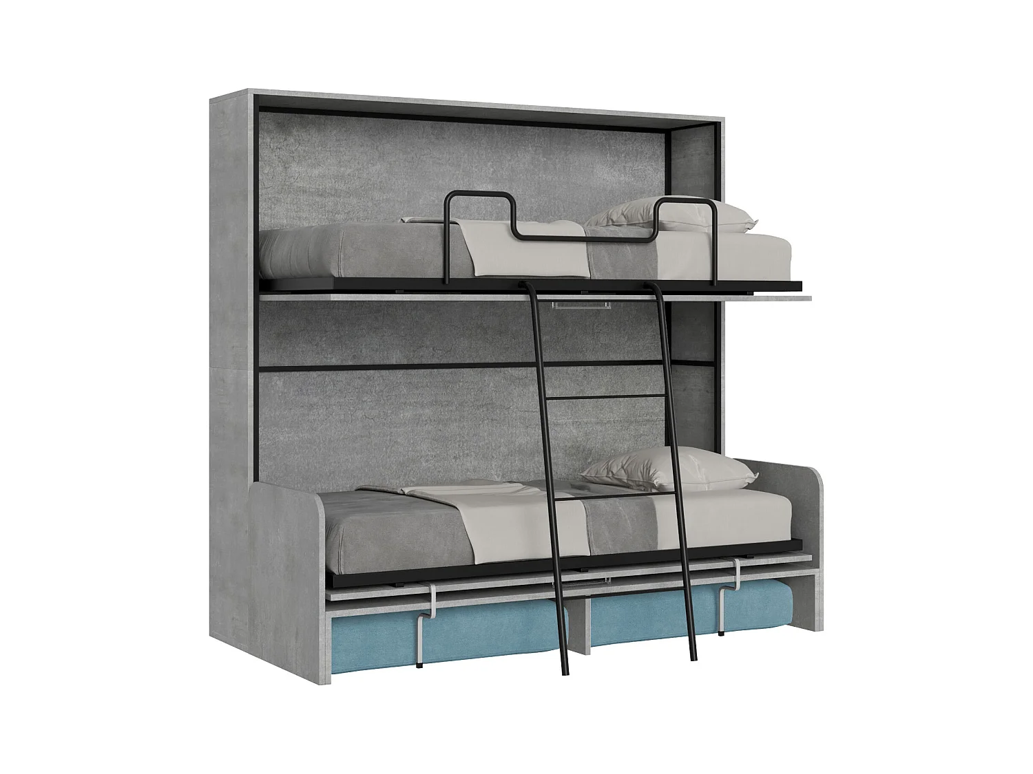 Letto doppio a scomparsa Kando con divano cemento, azzurro