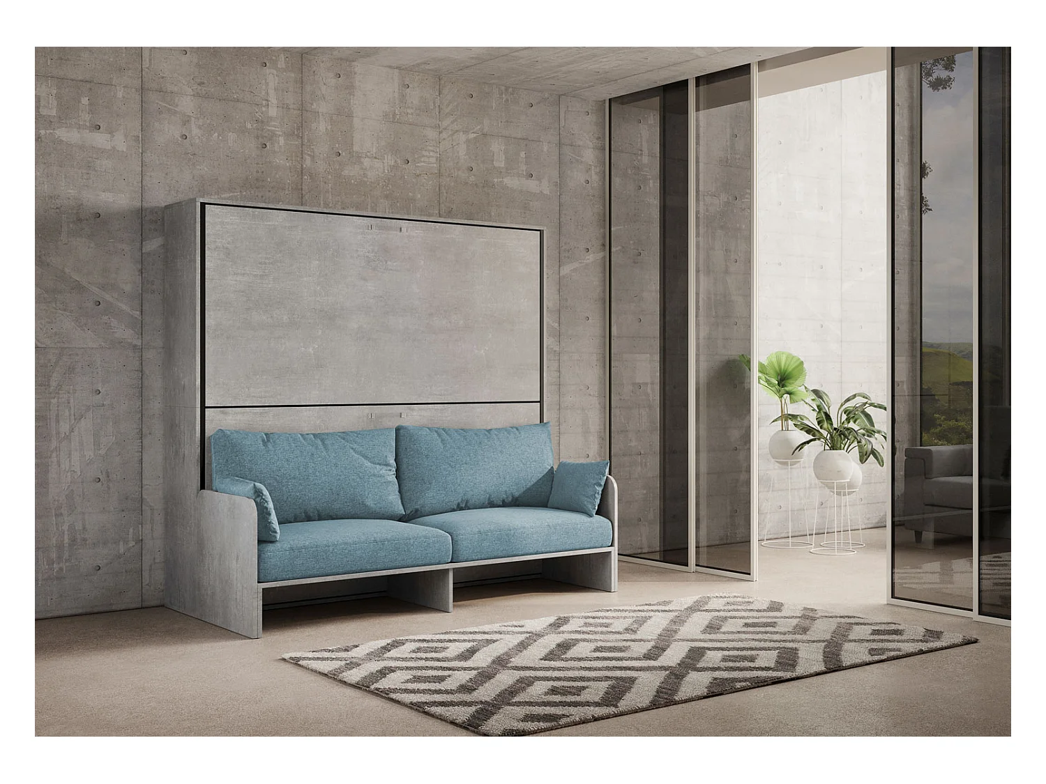 Letto doppio a scomparsa Kando con divano cemento, azzurro
