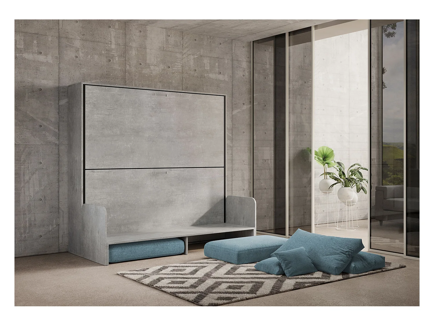 Letto doppio a scomparsa Kando con divano cemento, azzurro