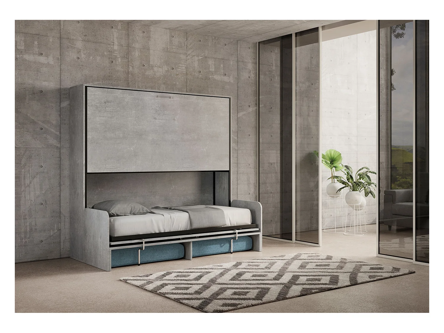 Letto doppio a scomparsa Kando con divano cemento, azzurro