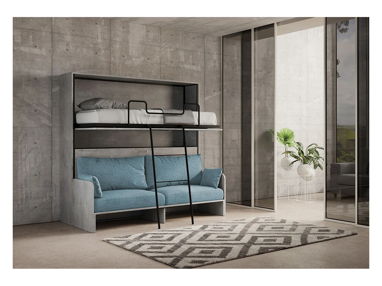 Letto doppio a scomparsa Kando con divano cemento, azzurro