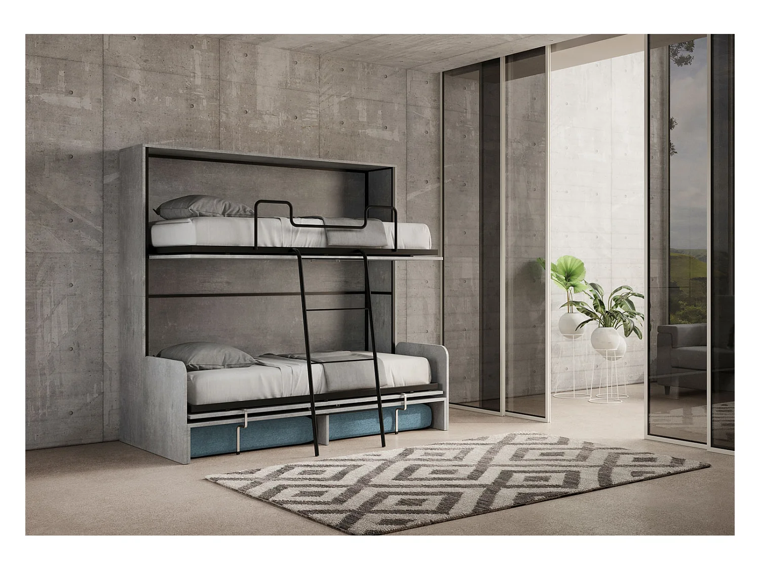 Letto doppio a scomparsa Kando con divano cemento, azzurro