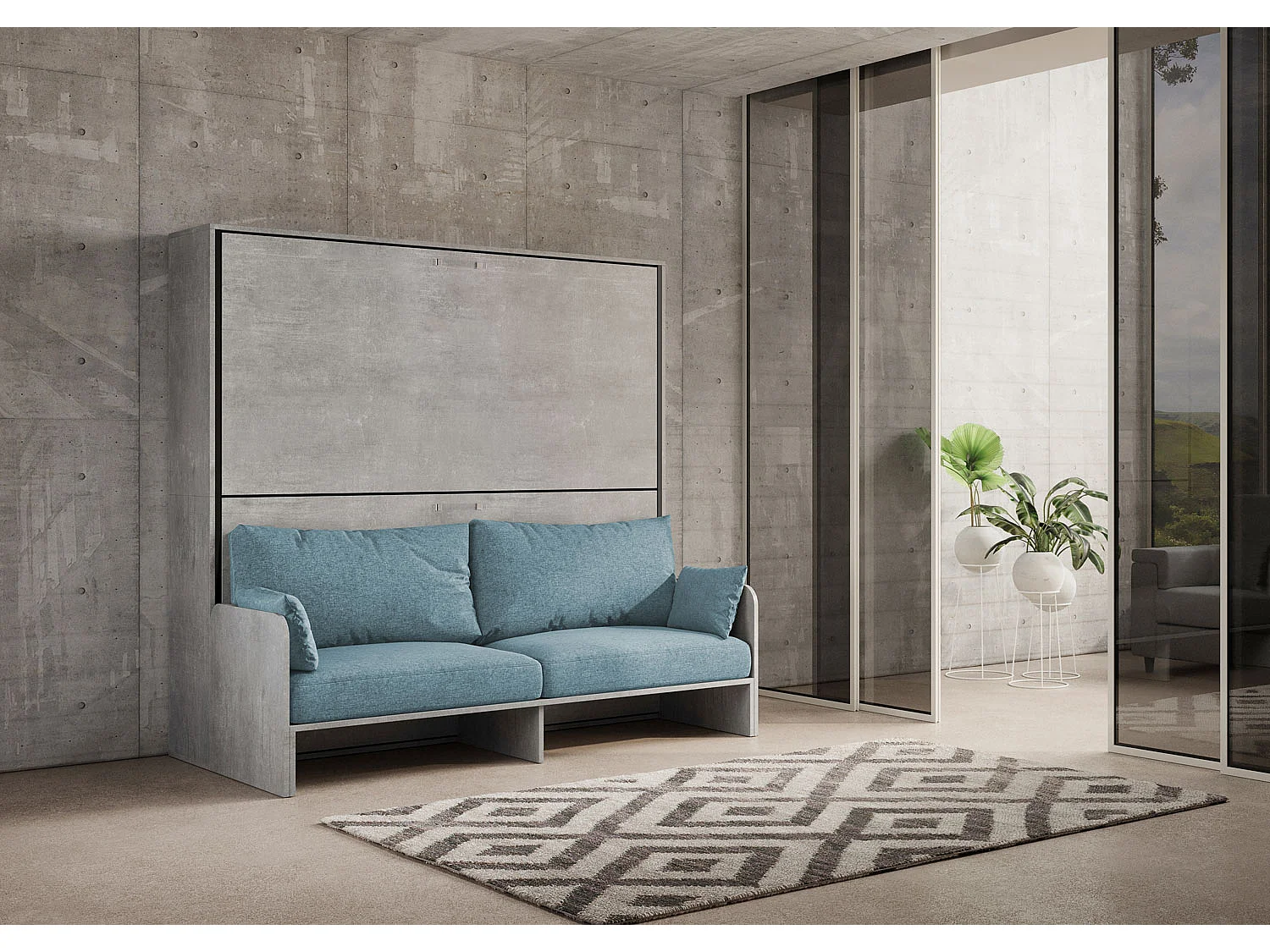 Letto doppio a scomparsa Kando con divano cemento, azzurro