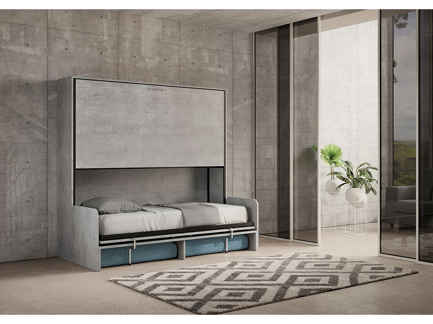 Letto doppio a scomparsa Kando con divano cemento, azzurro