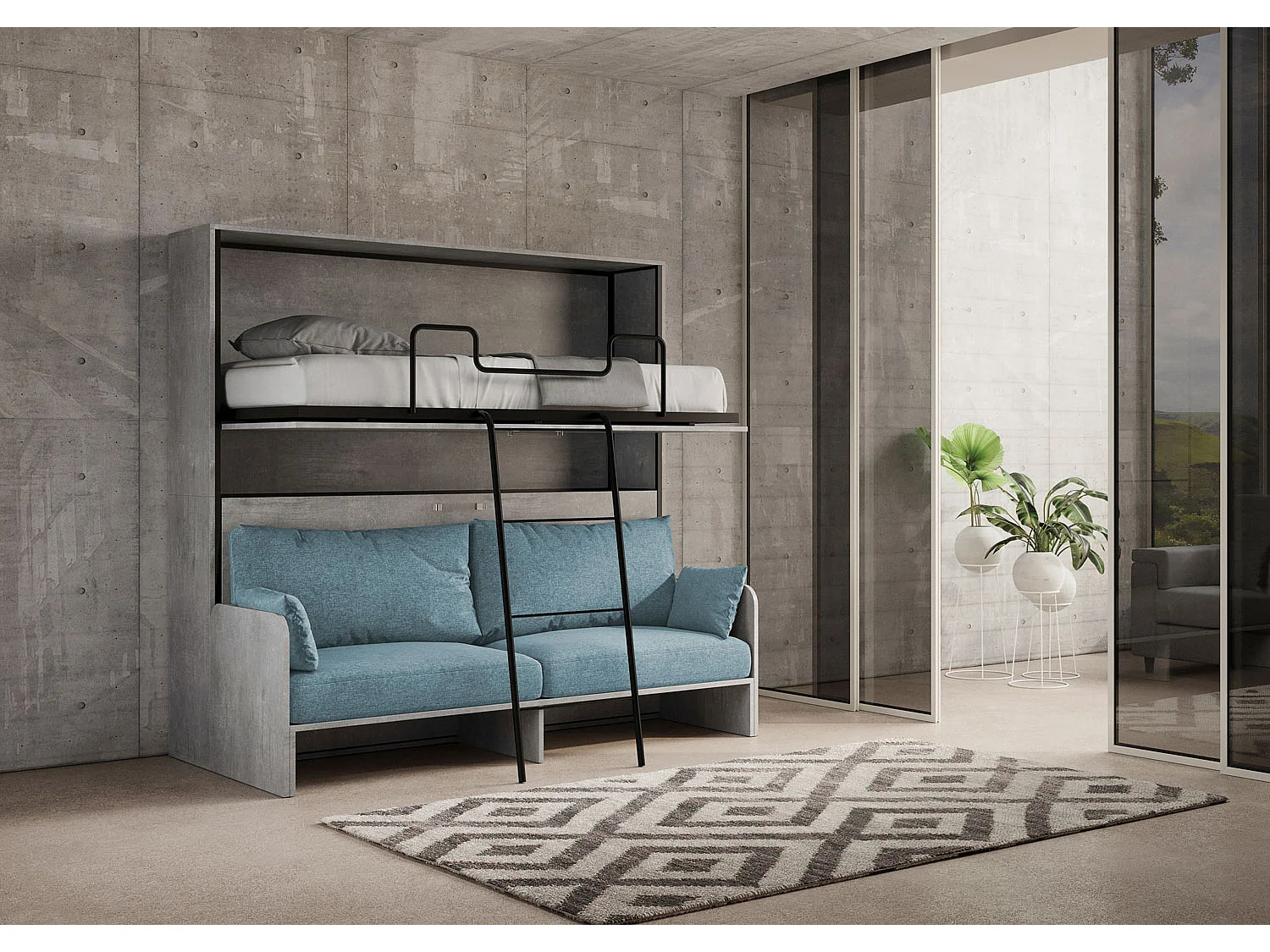 Letto doppio a scomparsa Kando con divano cemento, azzurro