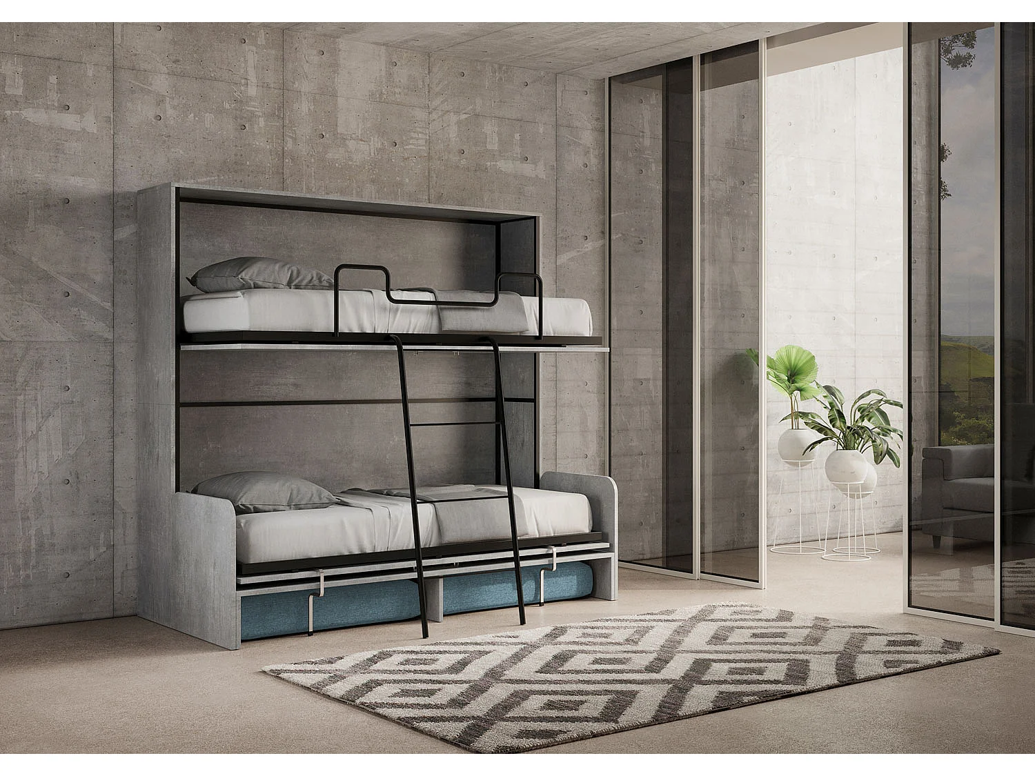 Letto doppio a scomparsa Kando con divano cemento, azzurro