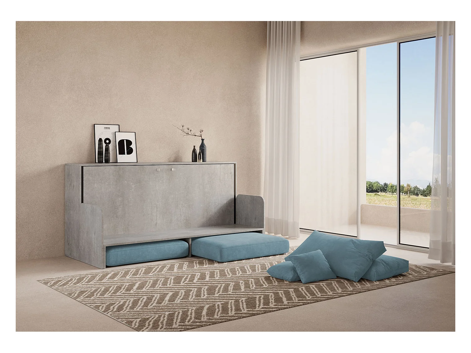 Kando Einzel-Schrankbett mit Betonsofa, blau