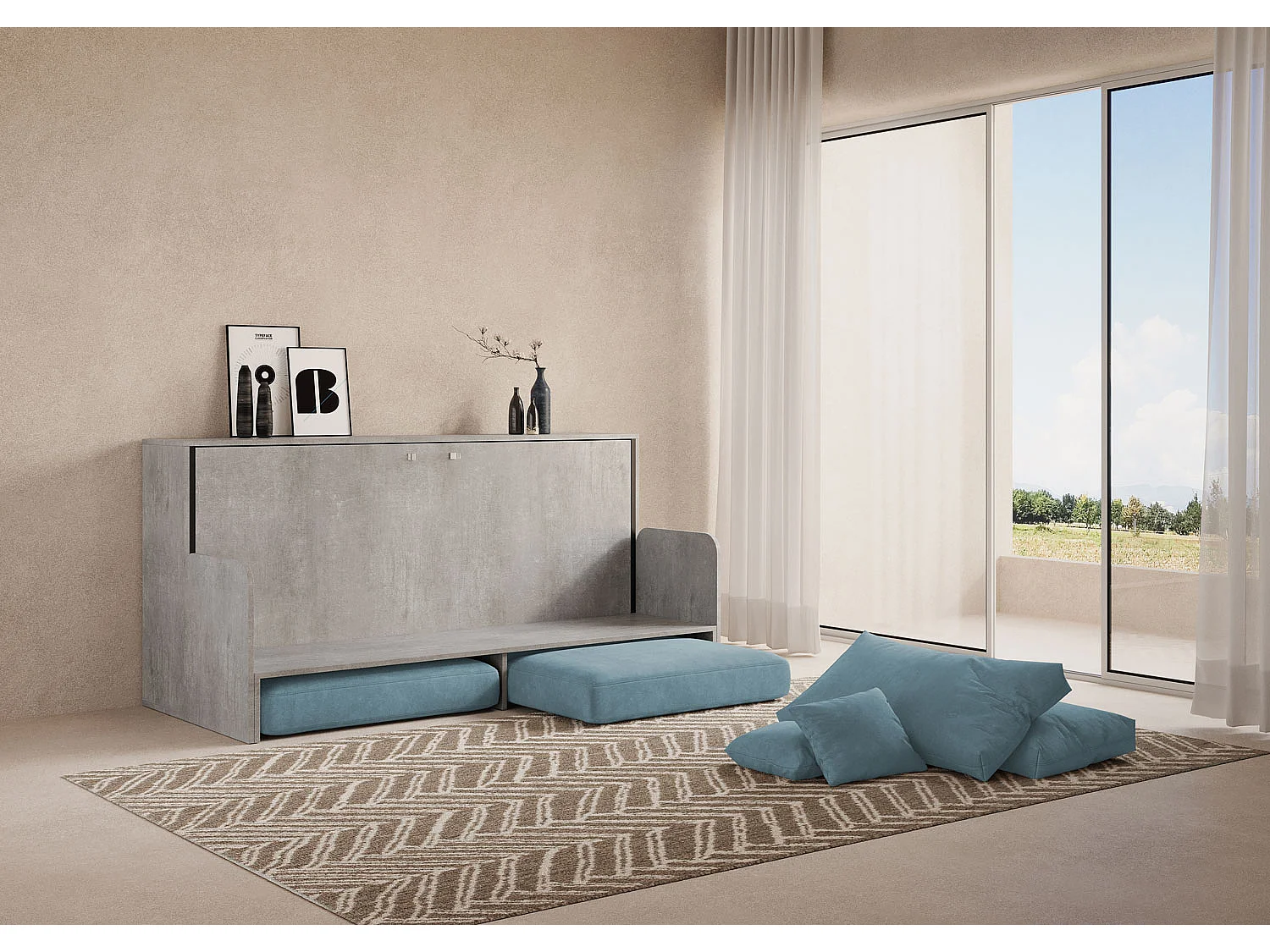 Letto singolo a scomparsa Kando con divano cemento, azzurro