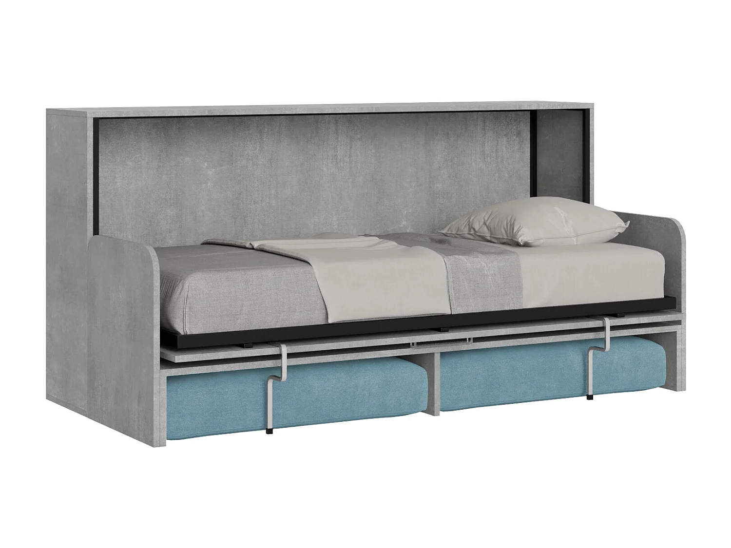 Letto singolo a scomparsa Kando con divano cemento, azzurro