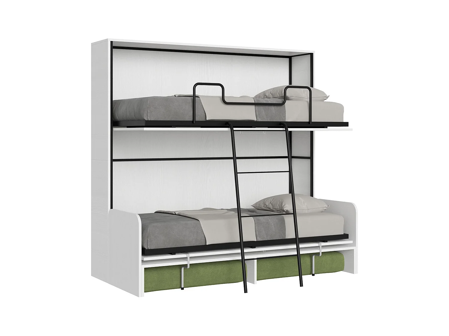 Kando Doppel-Schrankbett mit Sofa mit weißen Eschenmatratzen, grün