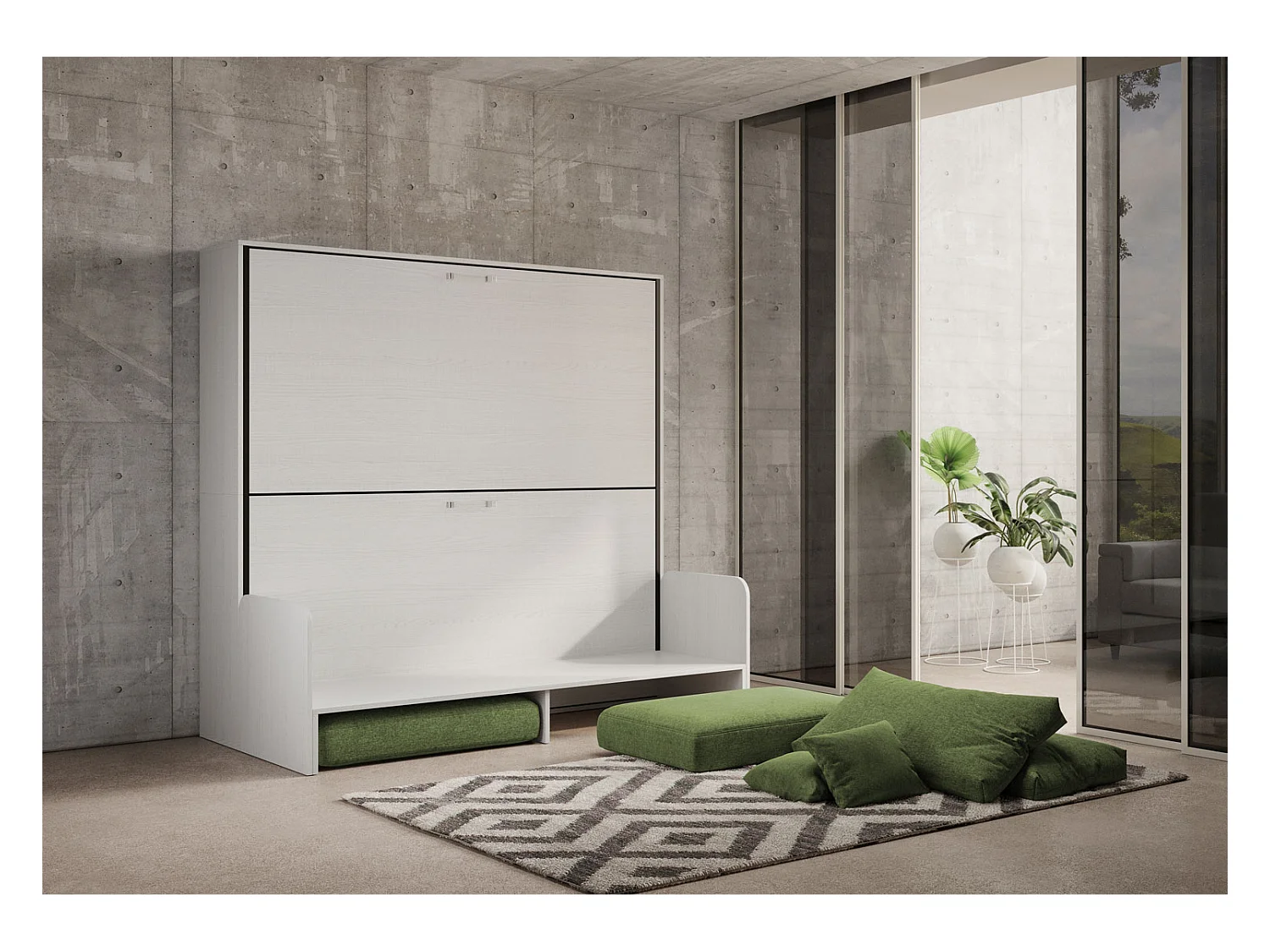 Kando Doppel-Schrankbett mit Sofa mit weißen Eschenmatratzen, grün