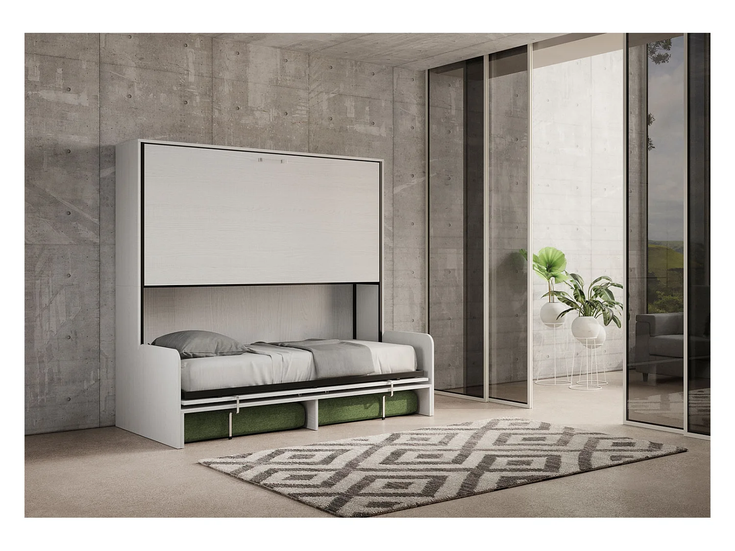 Kando Doppel-Schrankbett mit Sofa mit weißen Eschenmatratzen, grün