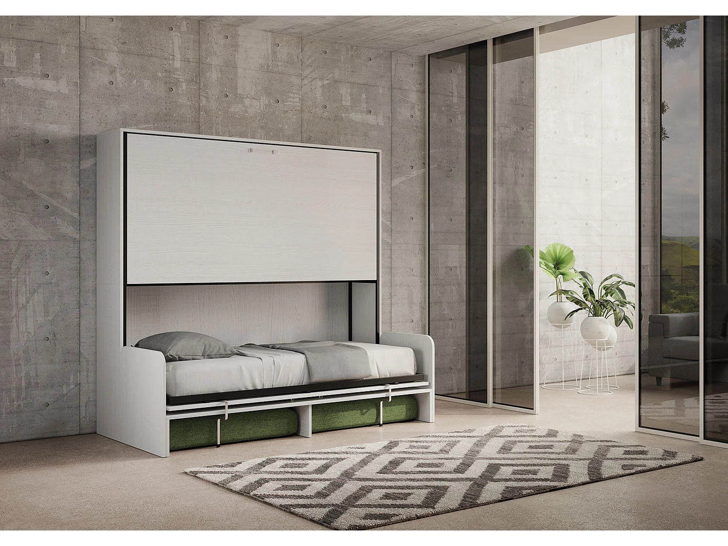 Letto doppio a scomparsa Kando con divano con materassi bianco frassino, verde