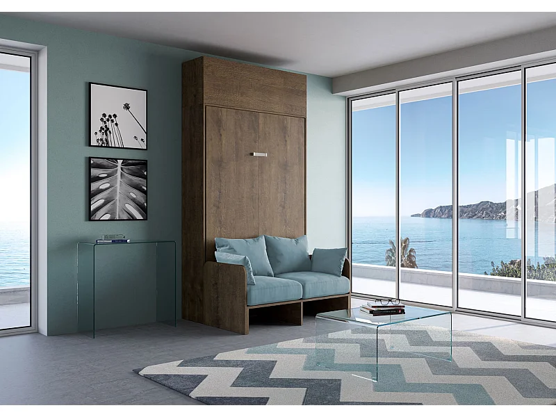 Kentaro 140 cm französisches Klappbett für Doppelbett mit Sofa und Wandschrank aus Walnussholz, hellblau