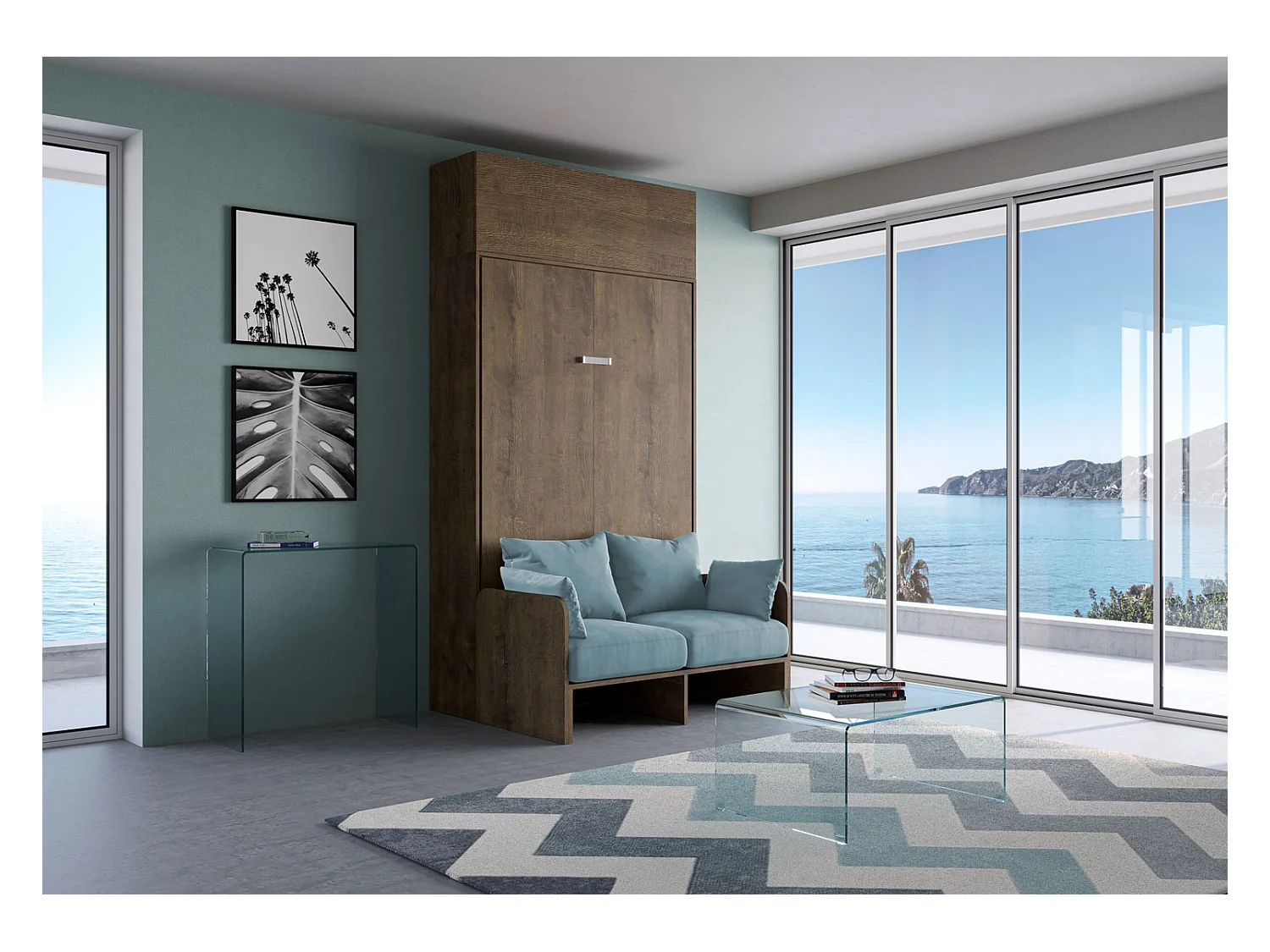 Kentaro 140 cm französisches Klappbett für Doppelbett mit Sofa und Wandschrank aus Walnussholz, hellblau