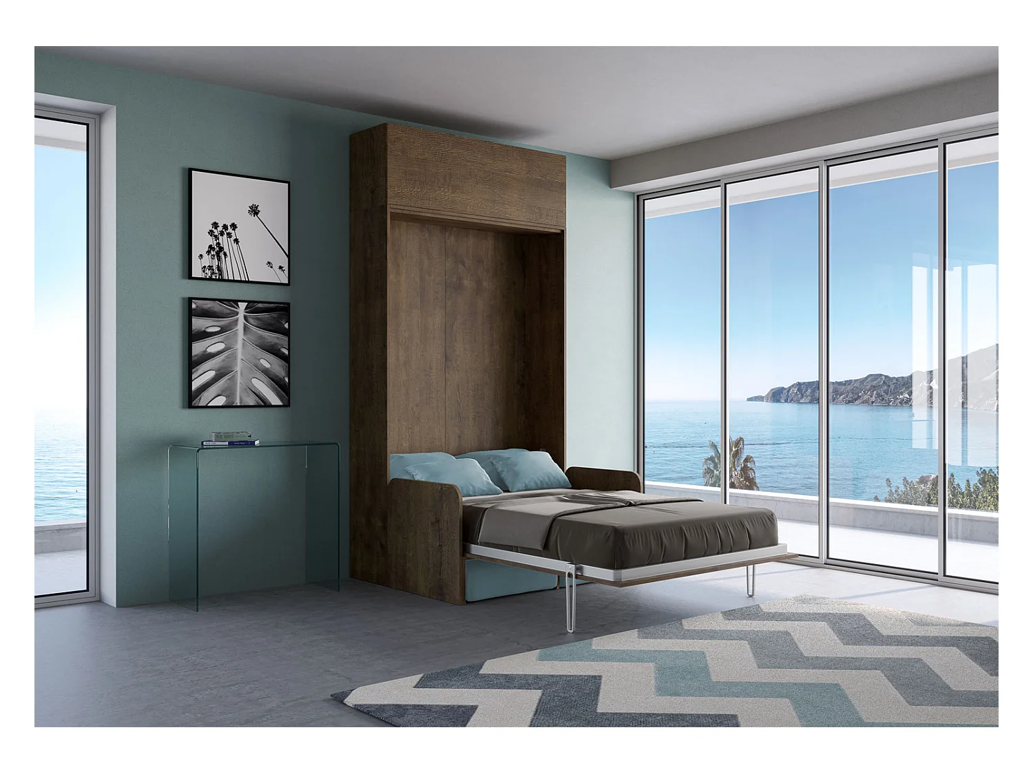 Kentaro 140 cm französisches Klappbett für Doppelbett mit Sofa und Wandschrank aus Walnussholz, hellblau