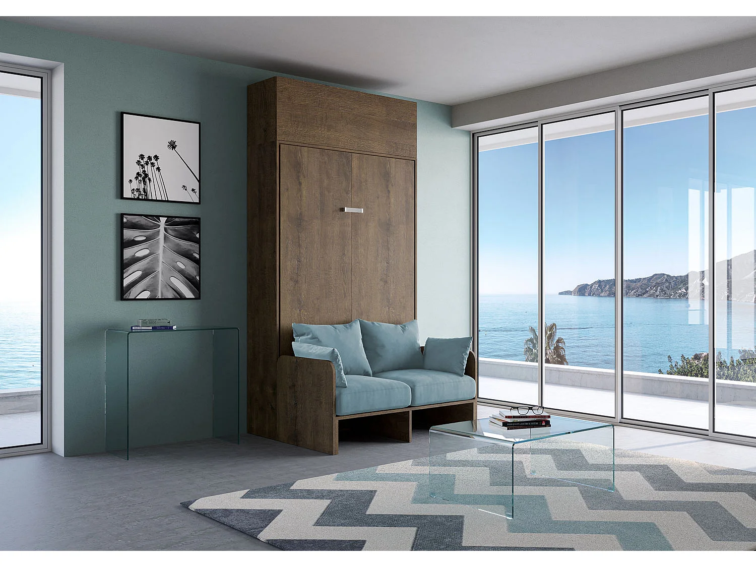 Letto matrimoniale francese a scomparsa 140 Kentaro con divano e pensile noce, azzurro