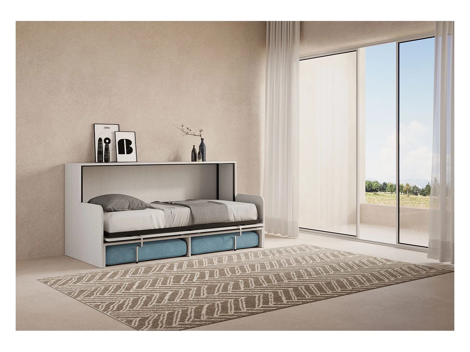 Kando Einzel-Klappbett mit Sofa aus weißer Esche, hellblau