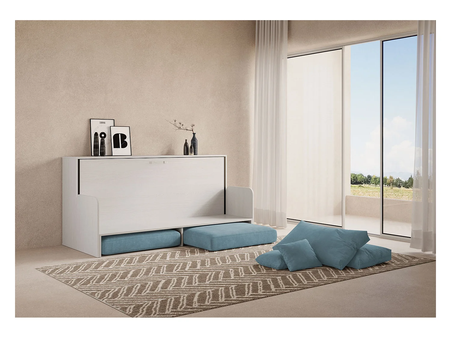 Kando Einzel-Klappbett mit Sofa aus weißer Esche, hellblau