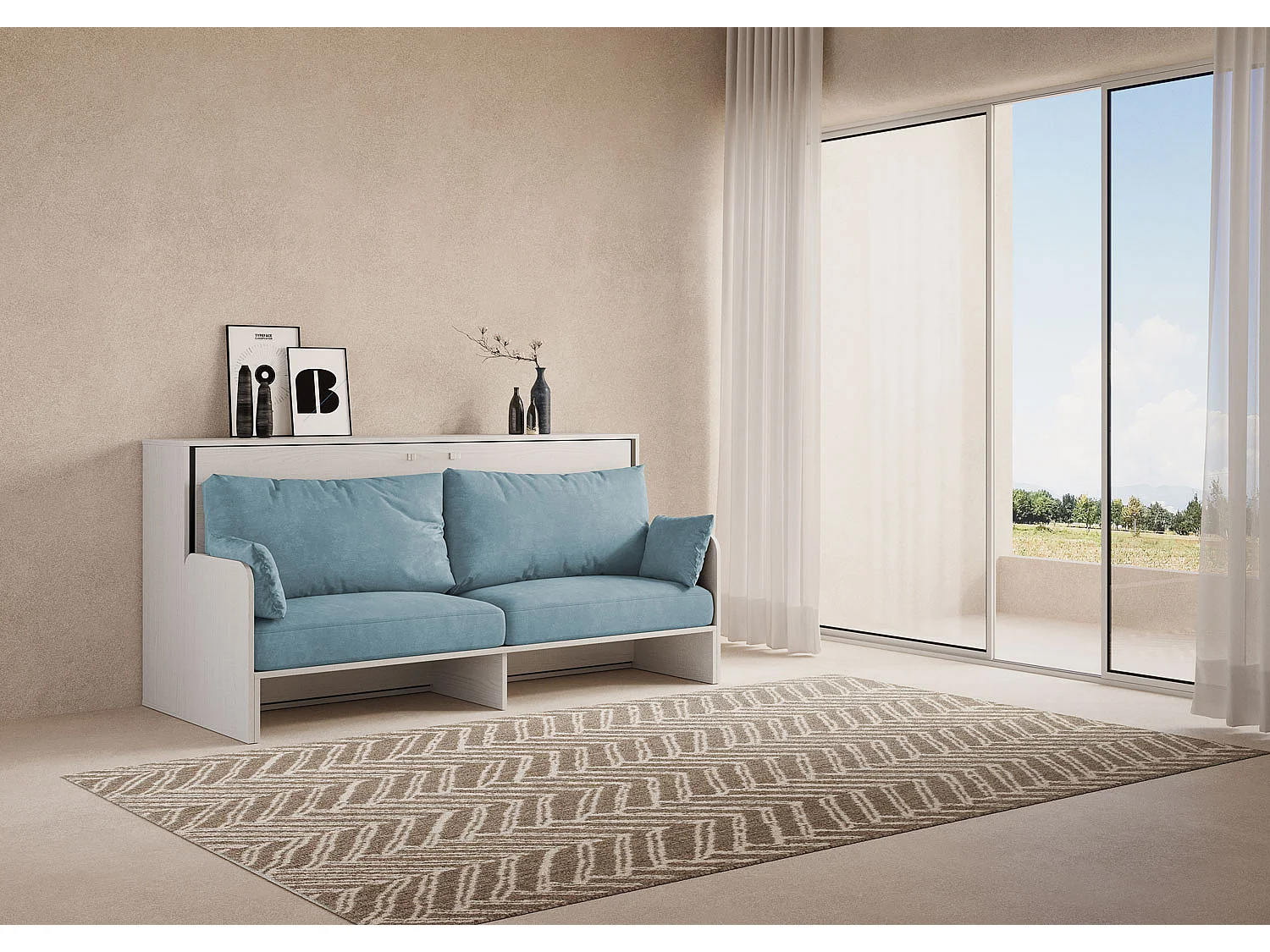 Letto singolo a scomparsa Kando con divano bianco frassino, azzurro
