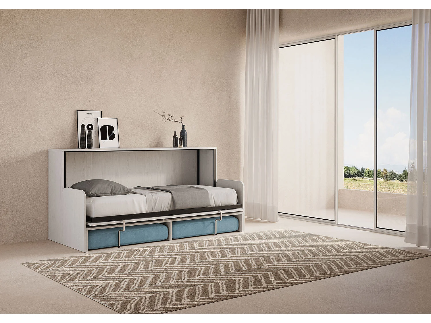 Letto singolo a scomparsa Kando con divano bianco frassino, azzurro