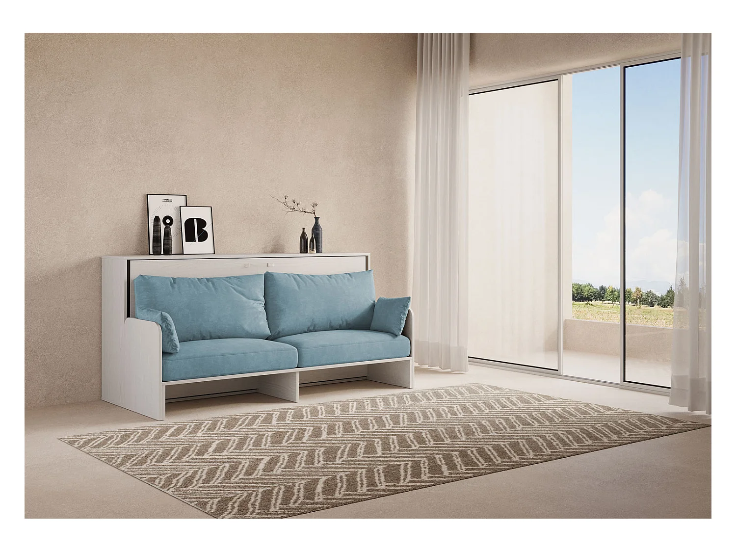 Kando Einzel-Klappbett mit Sofa mit weißer Eschenmatratze, hellblau