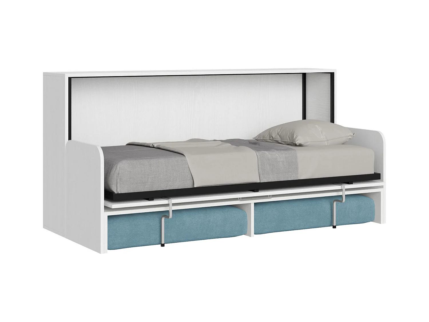 Kando Einzel-Klappbett mit Sofa mit weißer Eschenmatratze, hellblau