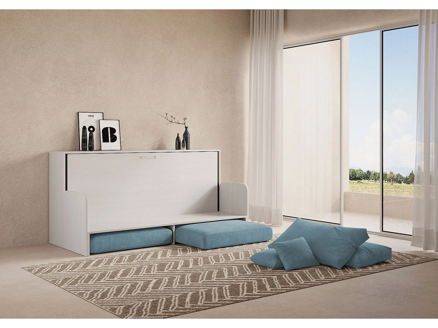 Letto singolo a scomparsa Kando con divano con materasso bianco frassino, azzurro