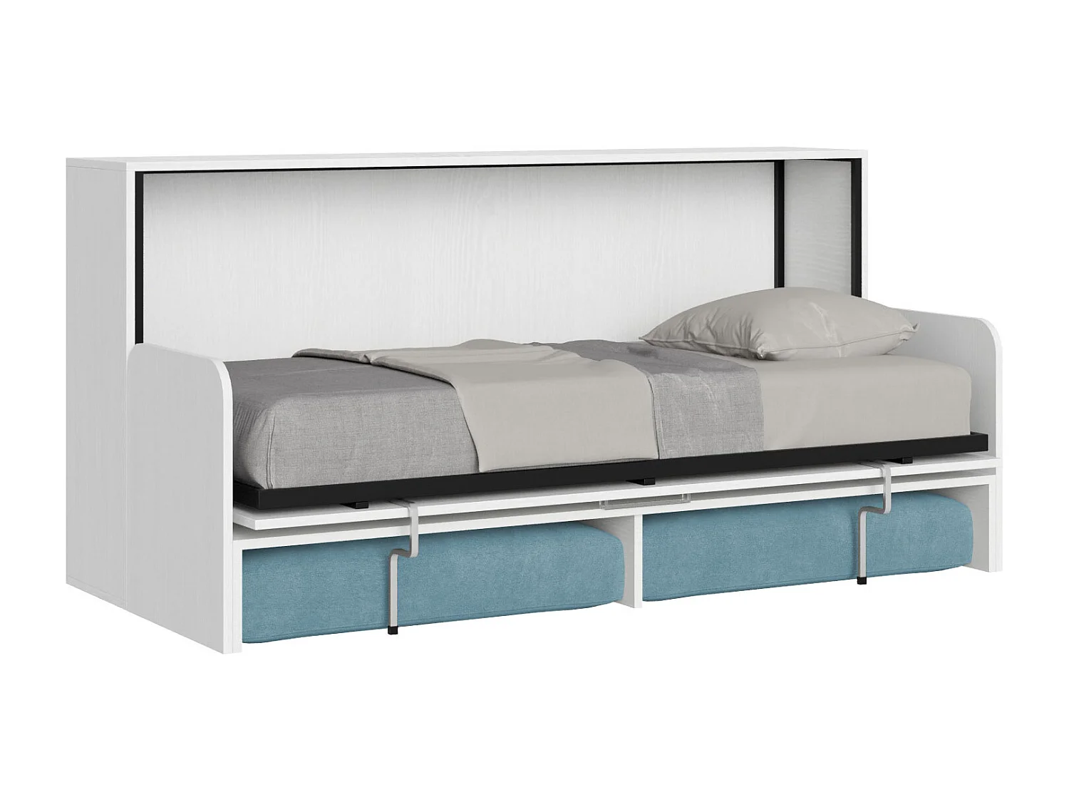 Letto singolo a scomparsa Kando con divano con materasso bianco frassino, azzurro