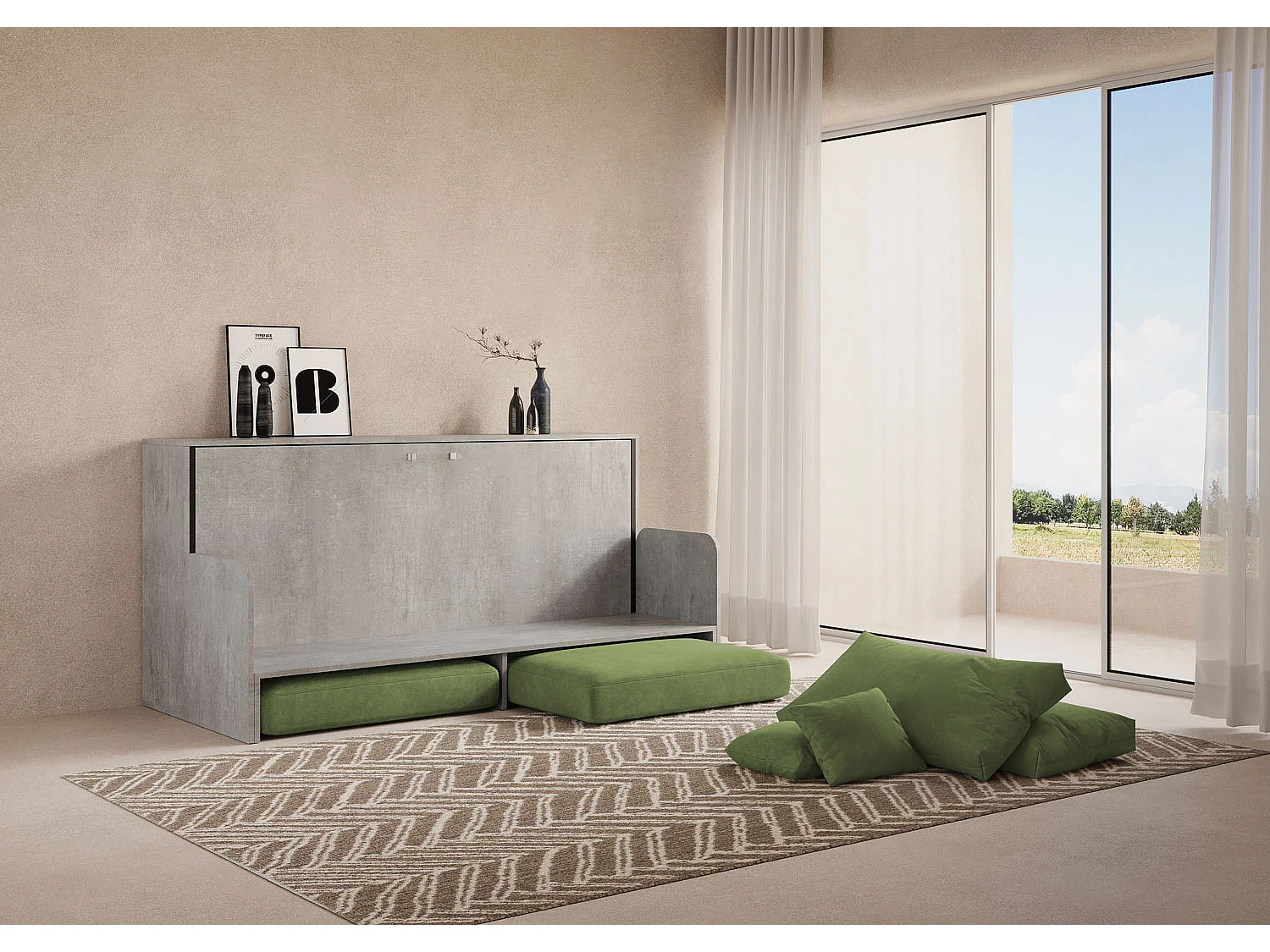 Łóżko Kando chowane w ścianie z betonową sofą, zielone