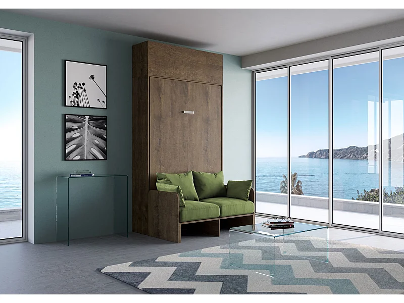 Kentaro 140 cm französisches Klappbett für Doppelbett mit Sofa und Wandeinheit aus Walnussholz, grün