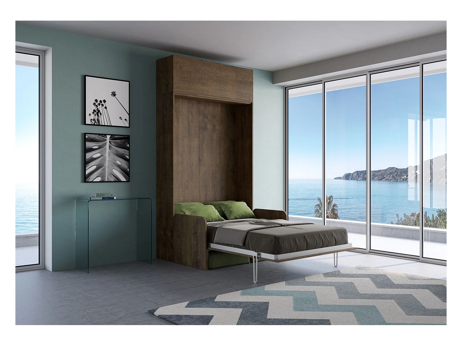 Kentaro 140 cm französisches Klappbett für Doppelbett mit Sofa und Wandeinheit aus Walnussholz, grün