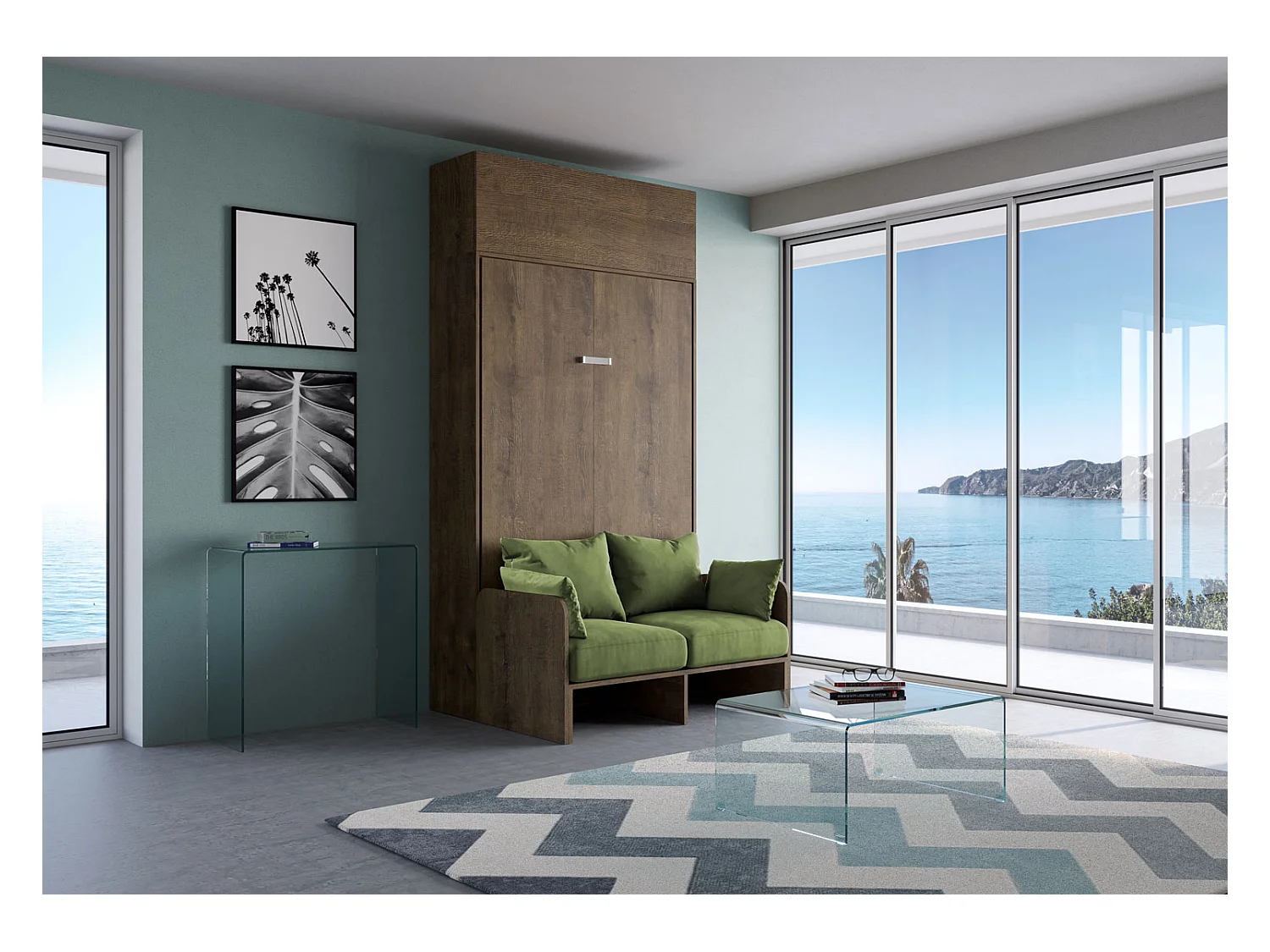 Lit double escamotable français Kentaro 140 cm avec canapé et élément mural en noyer, vert