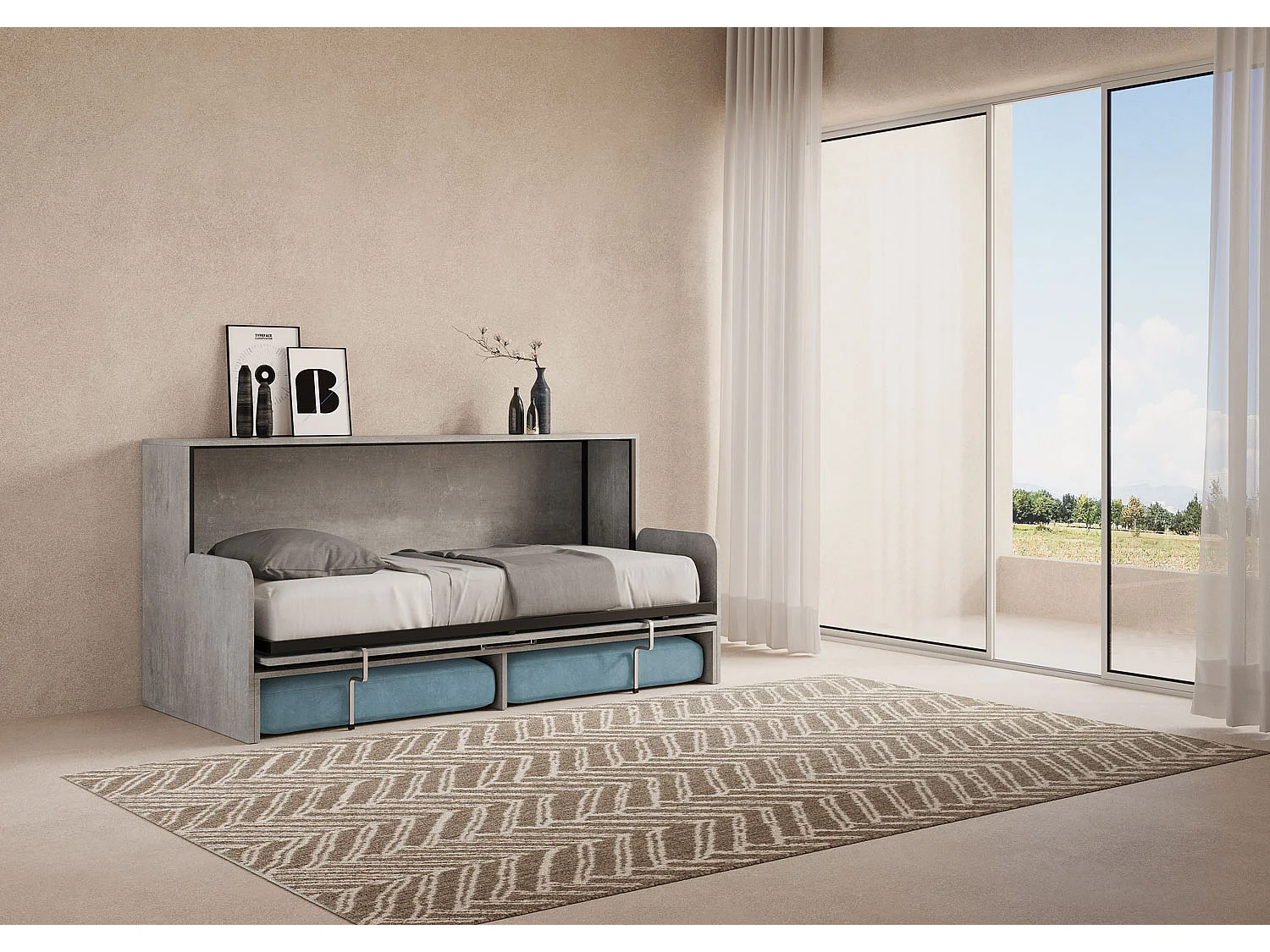 Kando Einzel-Schrankbett mit Sofa mit Zementmatratze, blau