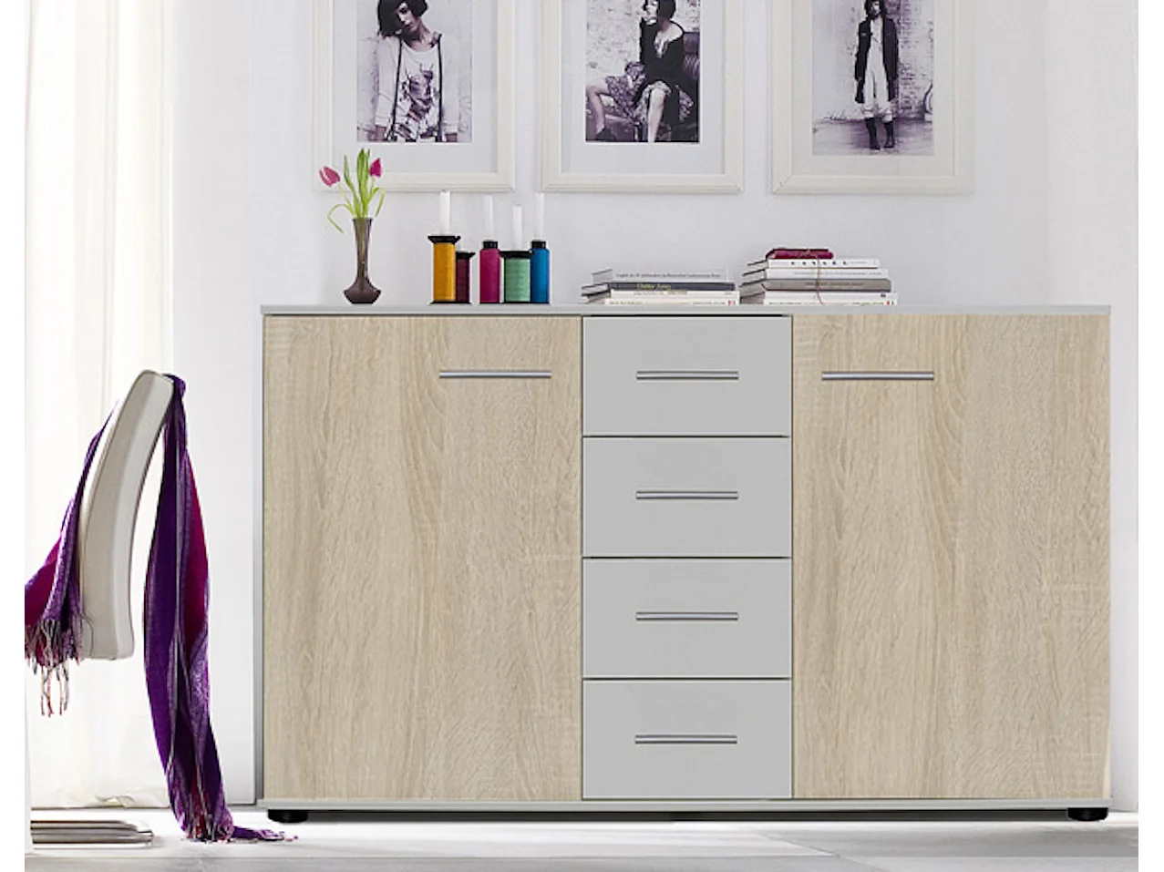 KOMMODE Franziska weiß / Eiche Sägerau 130 / 40,5 / 83cm